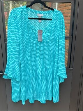 Catherines Teal with White Micro-Print Blouse